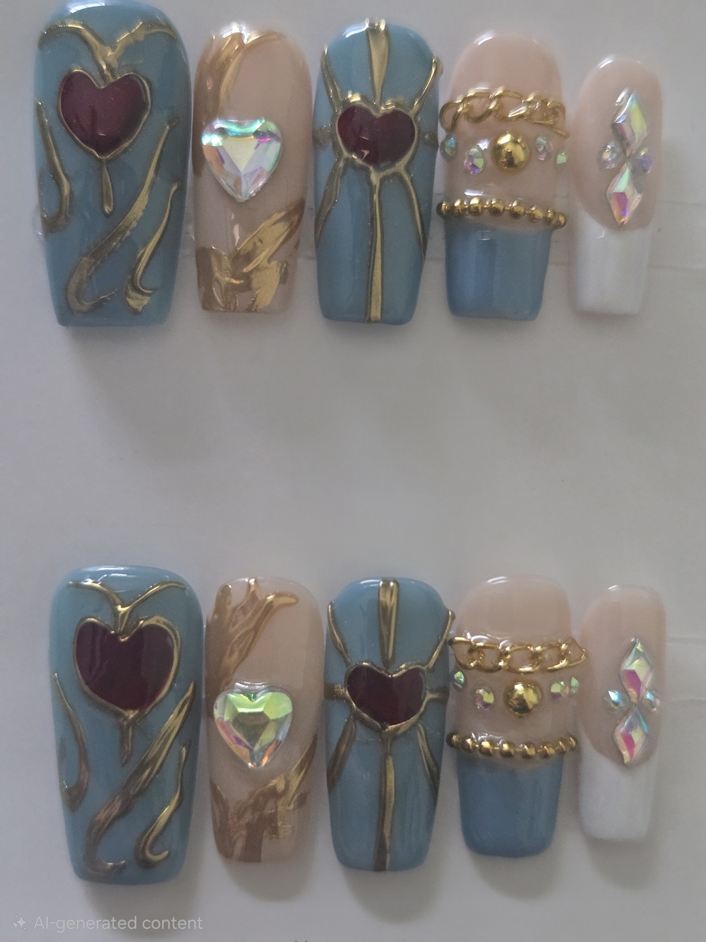 Hand Crafted Blue & Nude Heart Press-On Nails with Gold Accents